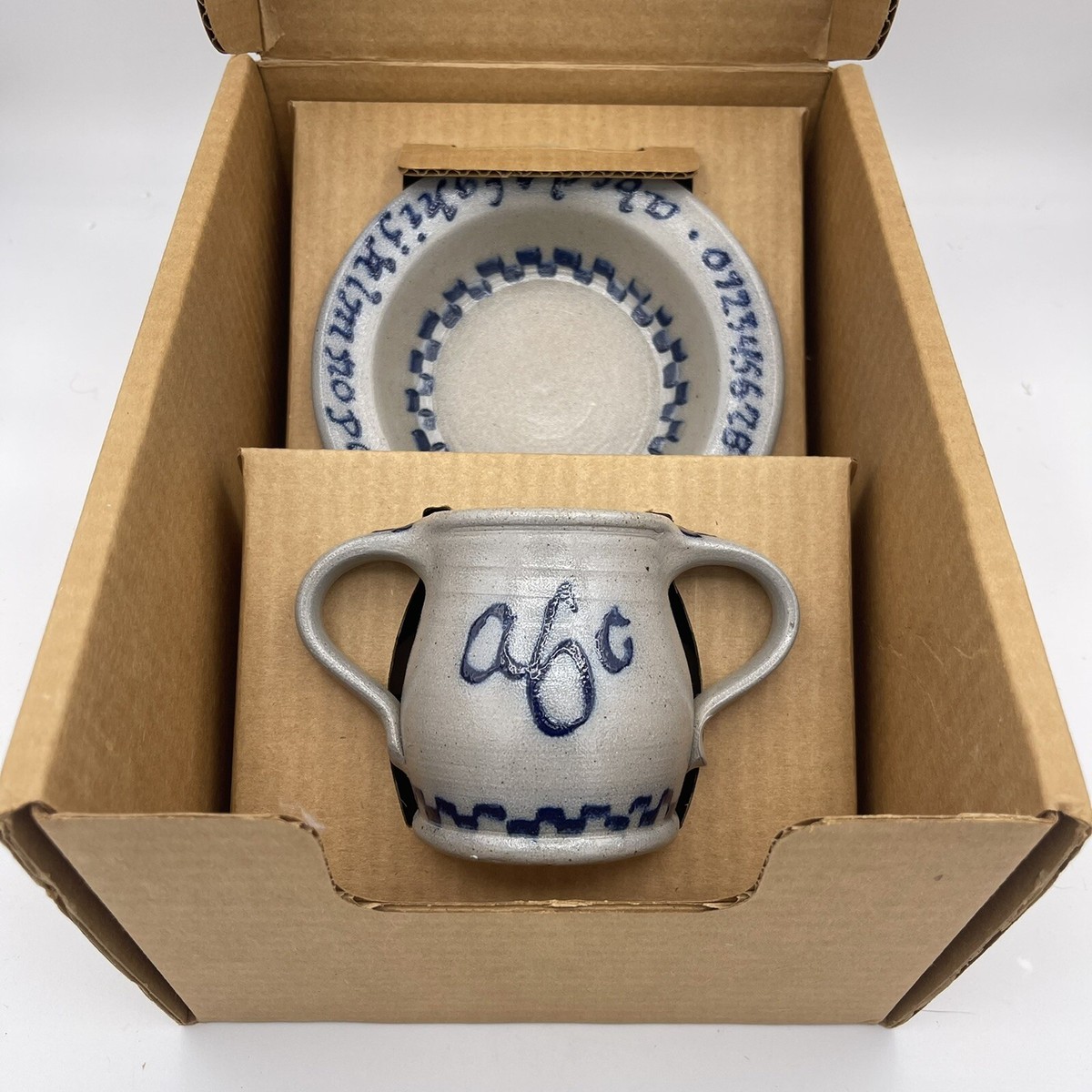 Rowe Pottery Childs ABC 123 Alphabet Double Handled Cup & Bowl