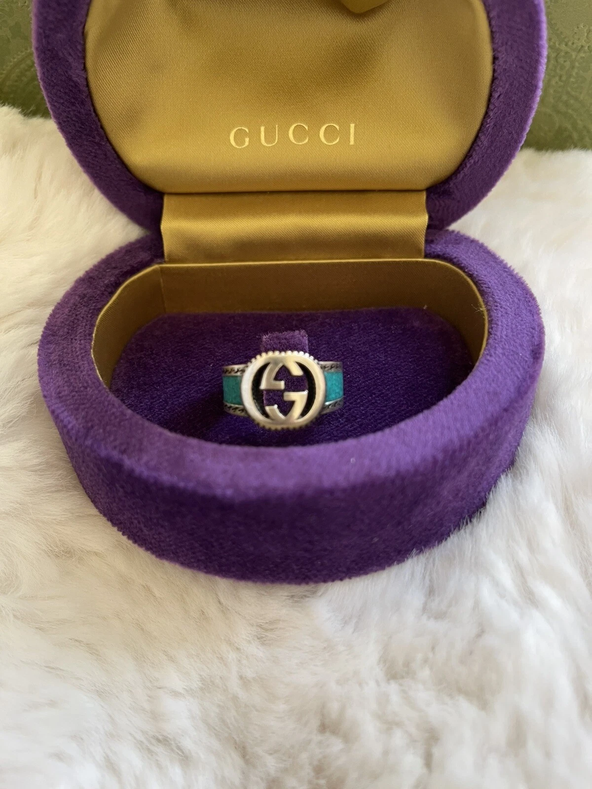 Bague Gucci argent sterling et émail turquoise imbriquée neuve taille 14