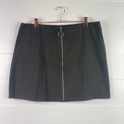 FRANCESCAS HARPER HERITAGE Olive Denim Green Front Zipper Mini Skirt Size XL