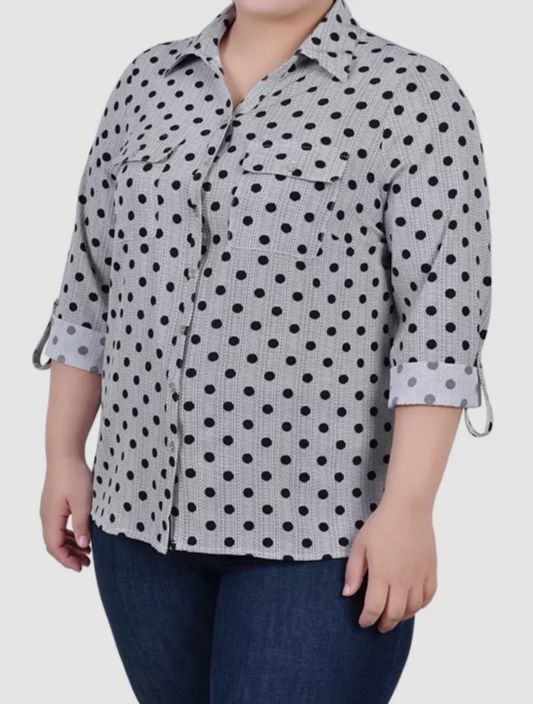 $44 NY Collection Women White 3/4 Sleeve Roll Tab Notch