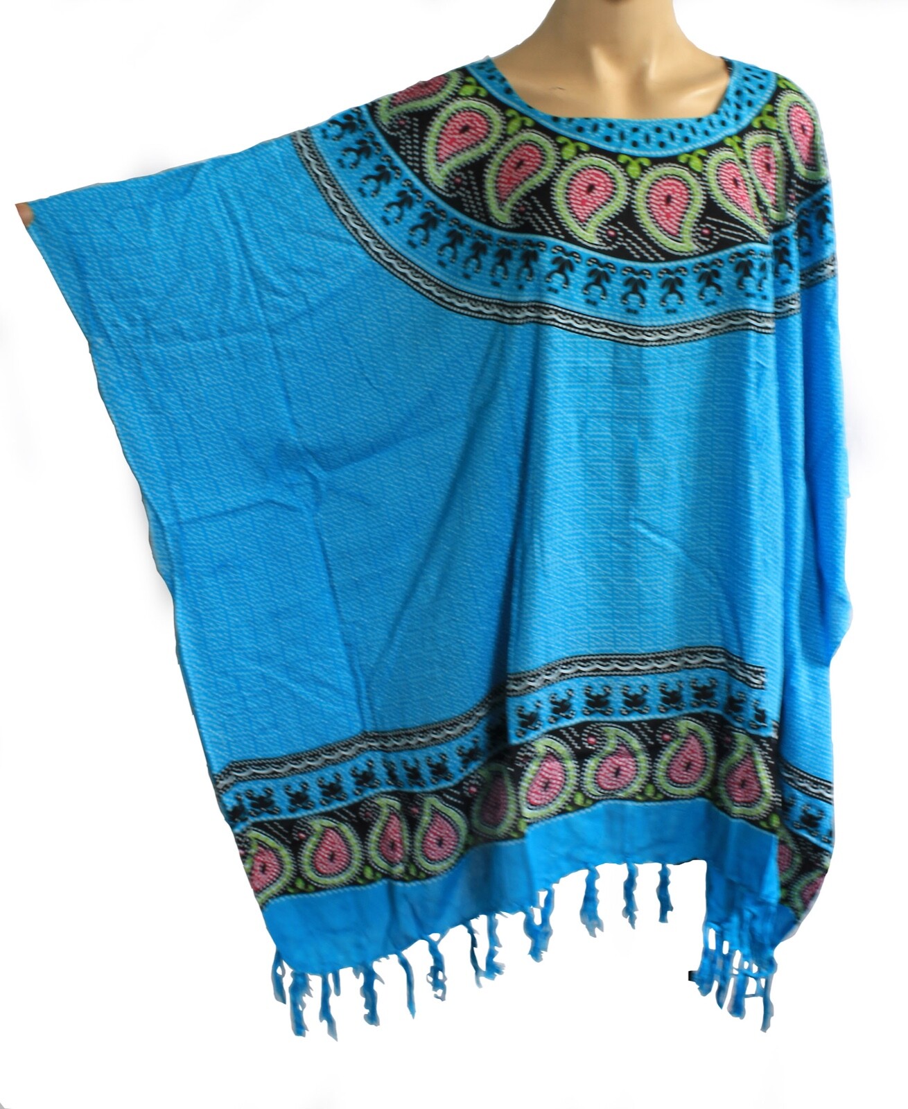 Azul Turquesa con Flecos Caftán Poncho Túnica Playa Grande Talla Grande Nuevo