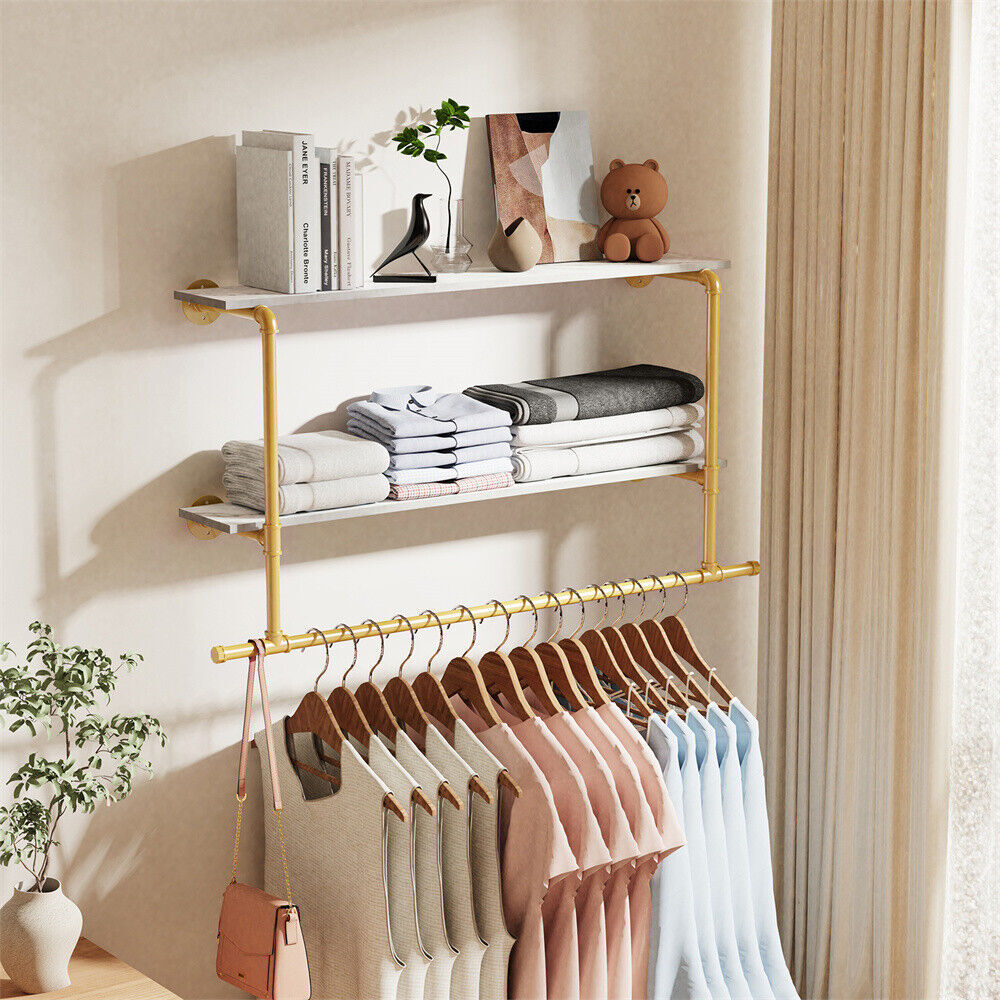 Extra Long Garment Rack Wall Mounted Floating Shelf Open Closet Black Gold