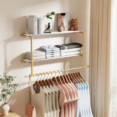 Extra Long Garment Rack Wall Mounted Floating Shelf Open Closet Black &  Gold | eBay