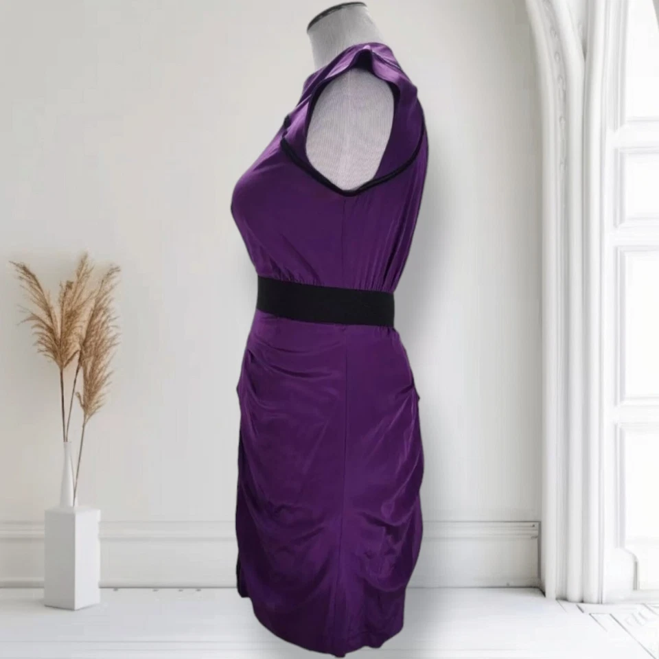 Mini Vestido Bebe Cremallera Frontal Bodycon Talla XS Púrpura Drapeado Seda Fiesta Cuello Simulado Foto 4 de 4