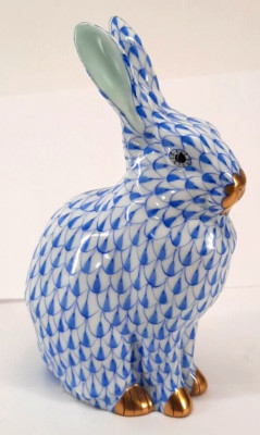 Rare Vintage Herend Hungary Blue Fishnet Bunny Rabbit w/ 24k Gold Accents 5.5''
