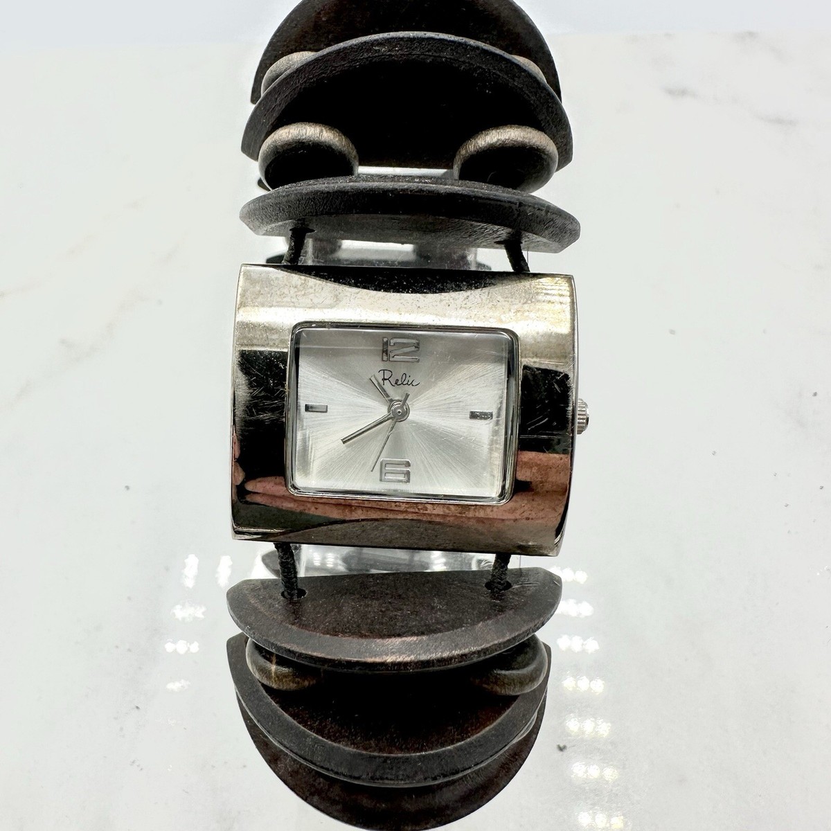 Relic Watch Brown Teak Wooden Beaded Band Rectangular Face, New Battery, Sz  8”