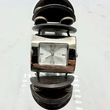 Relic Watch Brown Teak Wooden Beaded Band Rectangular Face, New Battery, Sz 8”