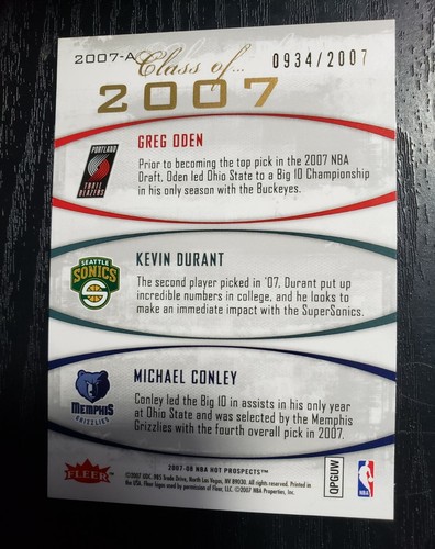 Hot Prospects Class of 2007 Fleer #2007-A Oden/Durant/Conley Serial # 0934/2007 - Picture 2 of 2
