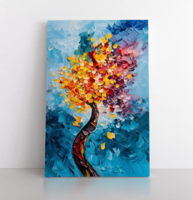 Abstract Colorful Gold Tree Leaves Oil Painting Print on Framed Canvas Wall Art