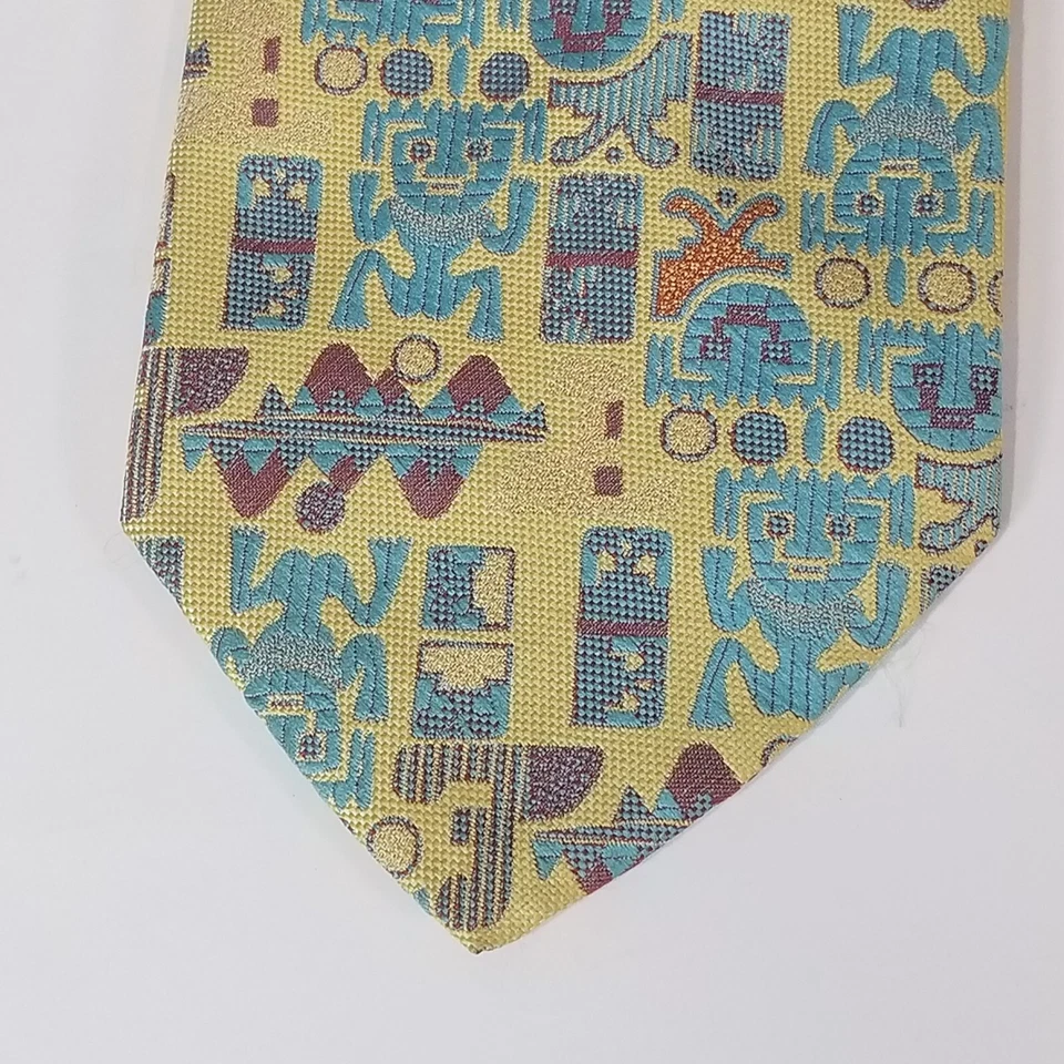 Wembley Tie Vintage 60's 70's Kipper 4" wide yellow blue Brocade Mayan Aztec - Image 4 of 4