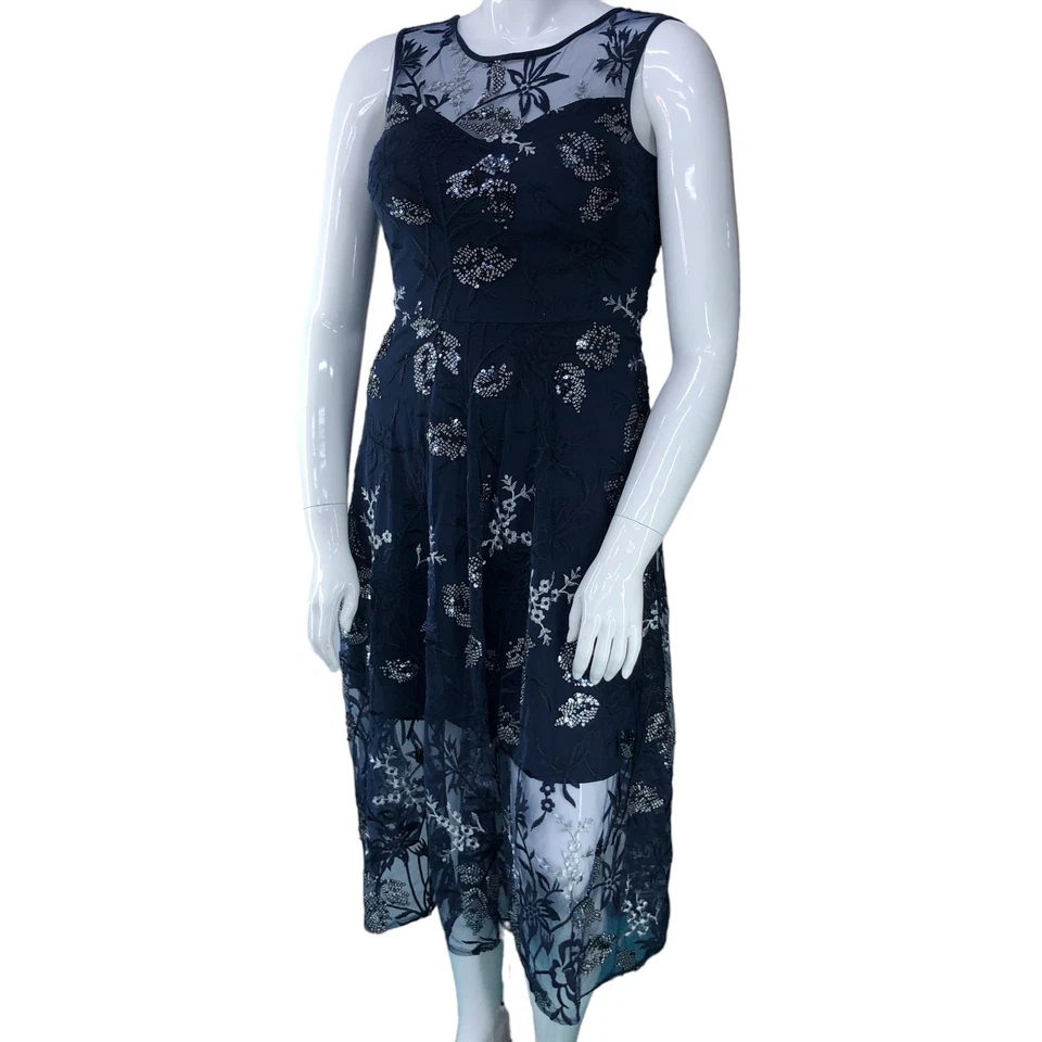 Vestido de Noche Frank Lyman Talla 8 Azul Medianoche Gasa Transparente Superposición Estrás Foto 2 de 4