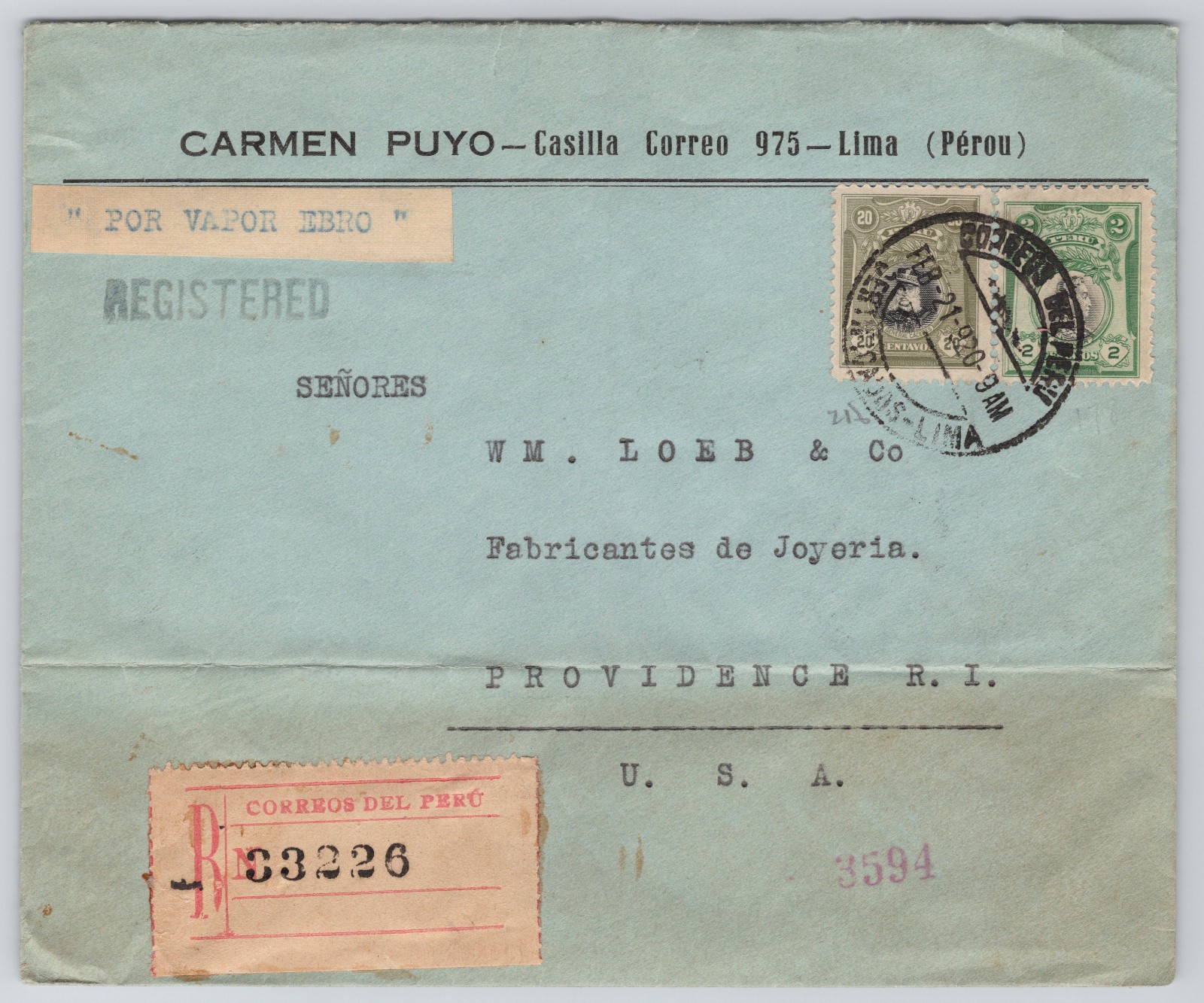 Peru 1920 Registered Cover Lima to Providence Jewelry Trade Steamship