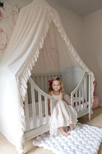 Elegant Kids Bed Canopy - Lace Chiffon Netting with Pom Pom, Princess Girls F... - Picture 3 of 6