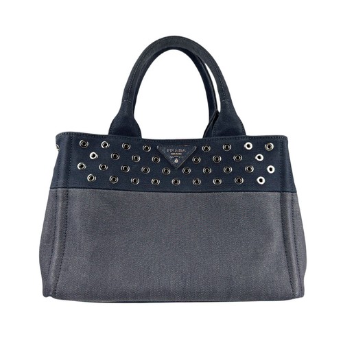 Auth PRADA Canapa Handbag Shoulder Bag Navy/Silver Denim/Canvas/Metal - z5823