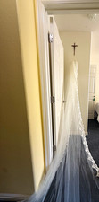 Ivory Cathedral Length Wedding Veil Tulle Lace Trim Edge with Comb