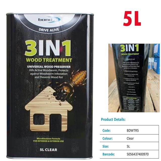 Bond It 3 in 1 Clear Wood Treatment Preservative Treats Worm Rot Trades Build 5L