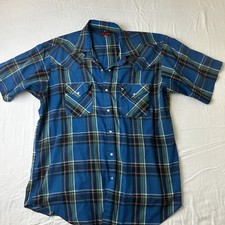 Ely Plains Shirt Mens Large Blue Plaid Short Sleeve Cowboy Western Pearl Snap
