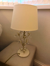 Set of 2, White Table Lamp with Drum Shade, Crystal Leaf Accents, Metal/Glass,