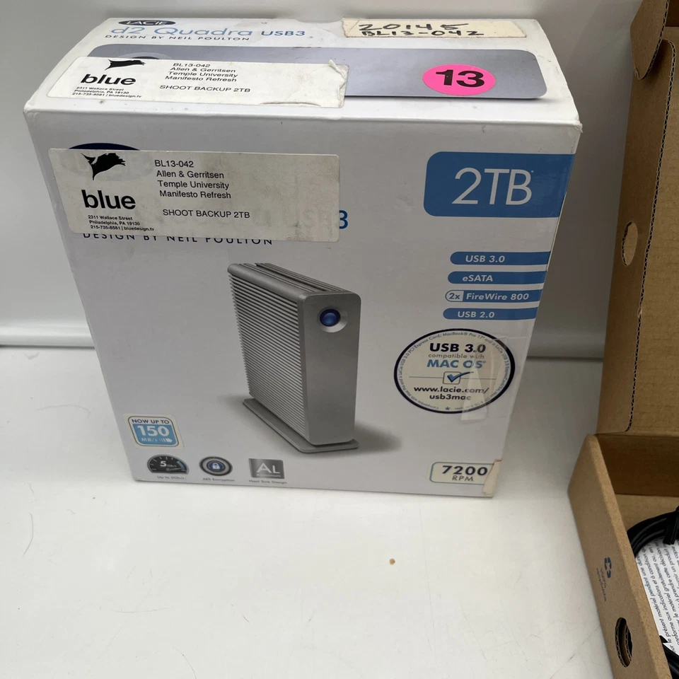 Lacie D2 Quadra V3 2TB External HDD USB 3.0 FireWire 800 7200 RPM W/ Power Cord - Image 4 of 4