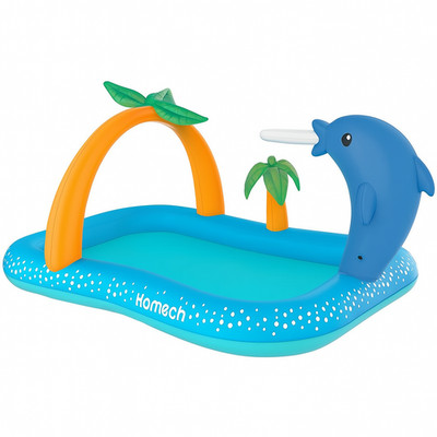 Homech Inflatable Kids Pool Play Center 95''x75'' w/ Slide Dolphin Sprinkler