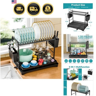 2 Tier Stainless Steel Dish Drying Rack Kitchen Counter Sink Organizer Drainer B