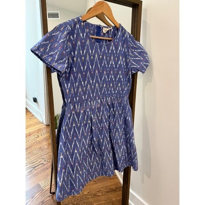 Mata Traders Womens Blue Ikat Cotton Fit and Flare Dress Short Sleeve Pockets M