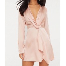 PrettyLittleThing Pink Satin Draped Knot Front Blouse Long Sleeve Size 10