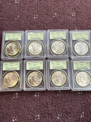 LOT OF 8 1922 PEACE SILVER DOLLAR PCGS MS62