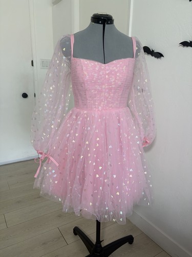 AVA GOWNS Women’s Dress size 12 Pink Hearts Tulle Fit & Flare Long Sleeve