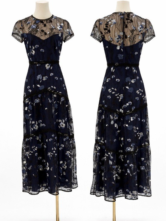 Monique Lhuillier Navy Blue Floral Embroidered Lace Midi Evening Cocktail  Dress | eBay