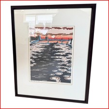 Japanese Woodblock Print Yasushi Omoto●Sunset Bridge●Woodblock print Kushiro Cit