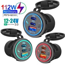 Dual USB C Car Charger Socket PD3.0 QC3.0 Fast Charging Waterproof Touch