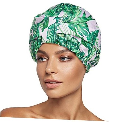 Luxury Shower Cap for Women Reusable Waterproof, Double Layered Palm leaves