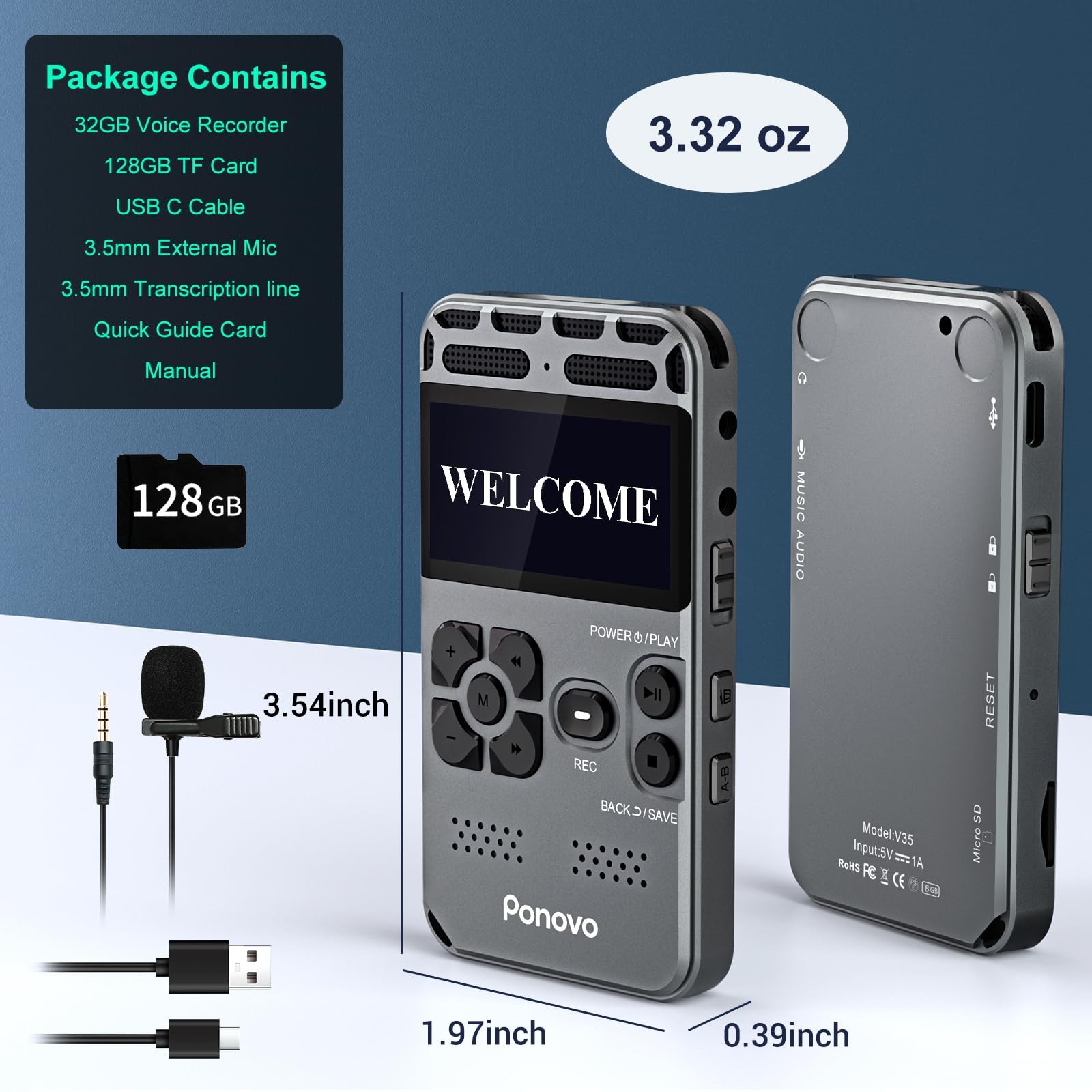 136GB Digital Voice Recorder with Playback, 1536Kbps Dual Microphone Stereo