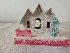 Vintage putz mica paper house White flocked village Japan Xmas decor