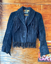 Schott Women s Black Leather Western Fringe Lined Jacket Button Size 10