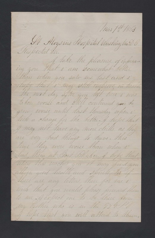 CIVIL WAR LETTER - 124th PA Infantry - Recovers at St Aloysius Hospital Wash DC