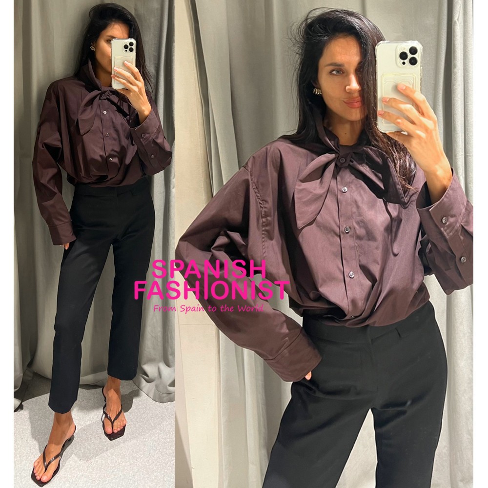 ZARA WOMAN SS25 DARK BROWN SCARF POPLIN SHIRT ALL SIZES 4661/143
