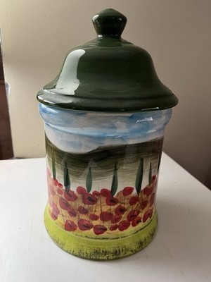 Ceramic Garlic Keeper Or Cookie Jar. Made In Italy. Poppy Fields Cypress Trees
