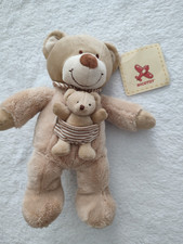 Peluche doudou ours + bébé NICOTOY marron beige poche rayée 25cm etat  NEUF