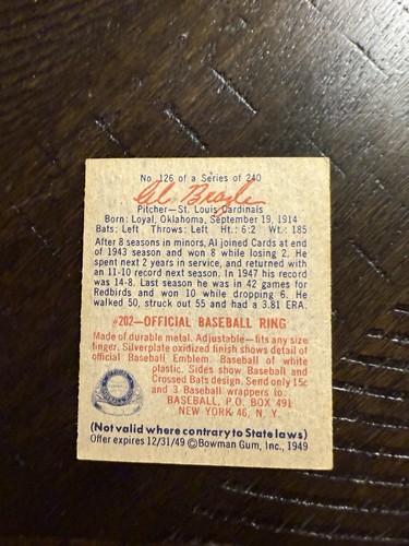 1949 BOWMAN BASEBALL CARD #126 AL BRAZLE EXMT!!!!!!!!! - Picture 2 of 2