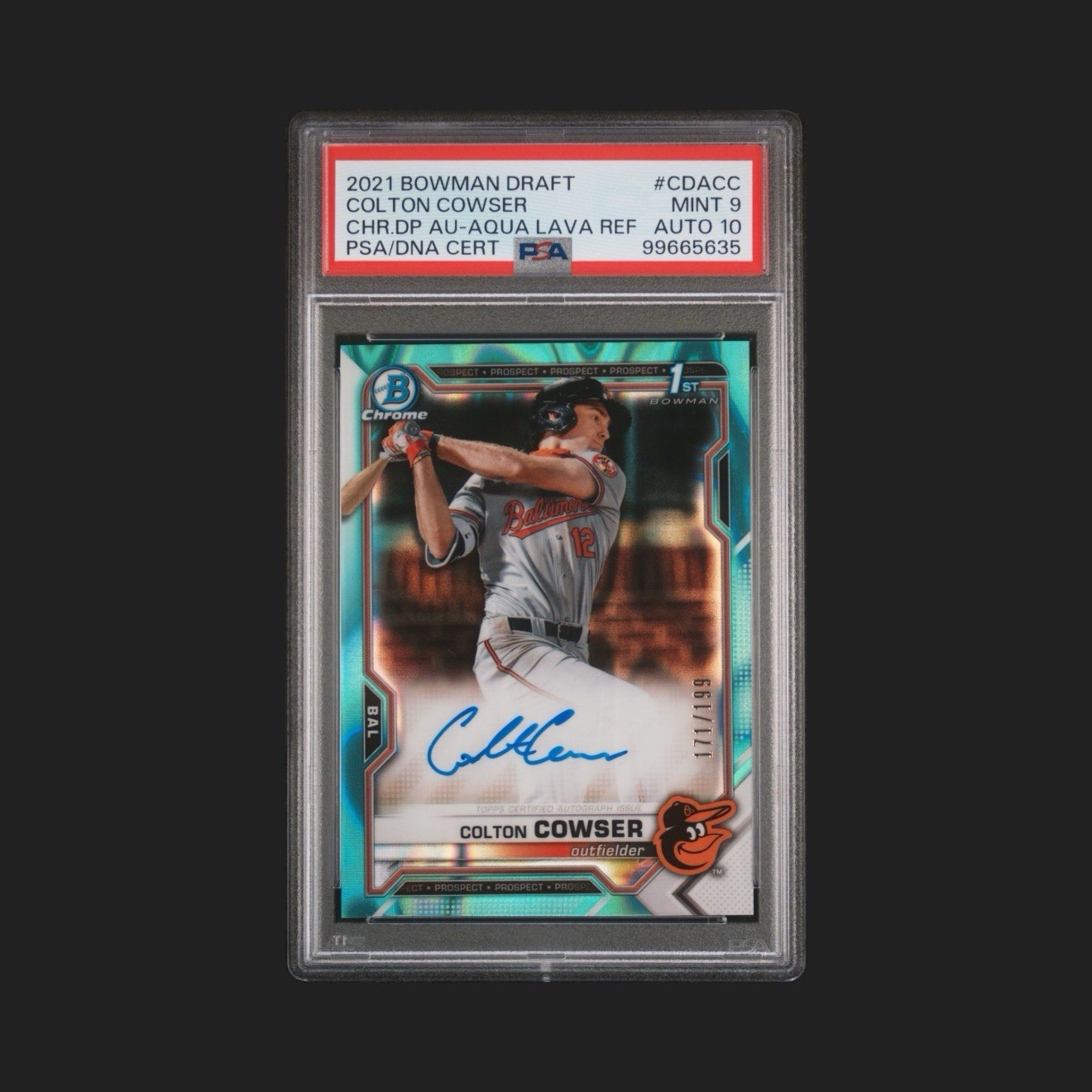COLTON COWSER 2021 BOWMAN CHROME DRAFT 1ST AQUA LAVA /199 PSA 9 AUTO 10
