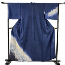 Japanese Silk Kimono M 158.5cm Navy blue Cherry blossom Lined With seal 6015540