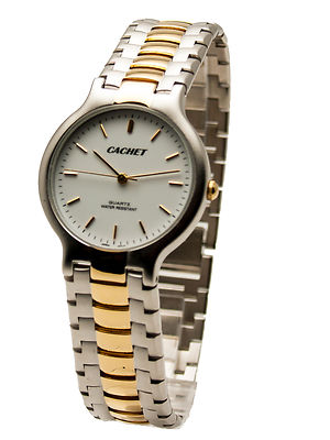 CACHET:STAINLESS STEEL TWO TONE GOLD/SILVER FINISH LINK BAND ANALOG WATCH 