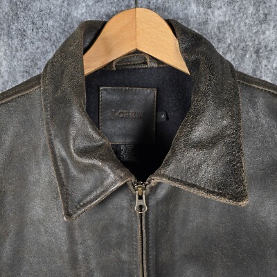 Vintage J. Crew Brown Leather Bomber Zip Jacket Wool Lined