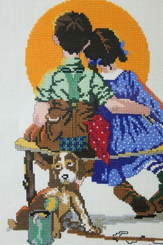 Norman Rockwell Lil' Spooners or Sunset Cross Stitched Framed Art 13" x 17" - Picture 3 of 3