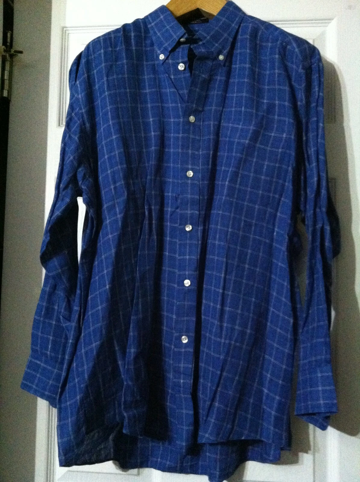 FACONNABLE MENS BLUE 100%LINEN PLAID CASUAL SHIRT SIZE: 17/LONG SLEEVE
