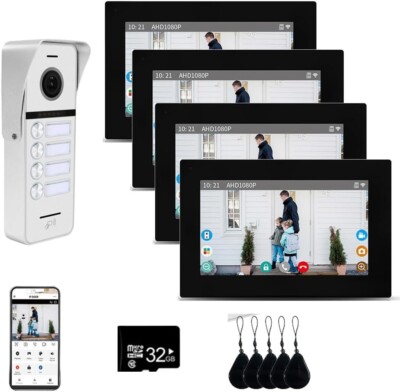 7 inch Video IntercomSystem for 4 Units-Wired Door Entry System with Touchscreen