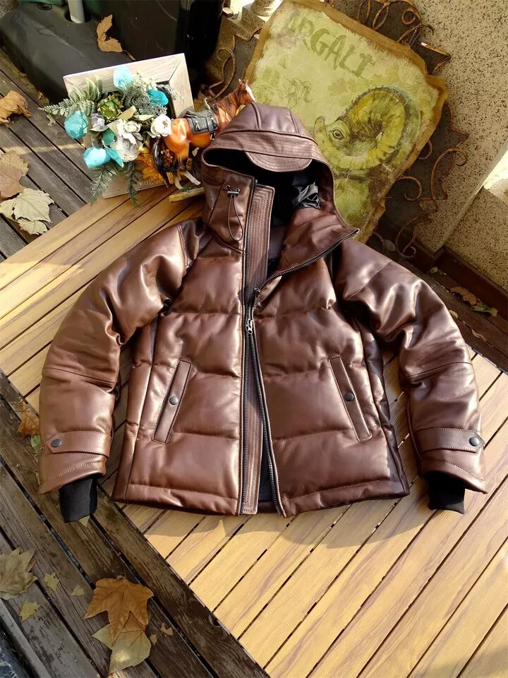 Men's Brown Lambskin Leather Quilted Puffer Jacket