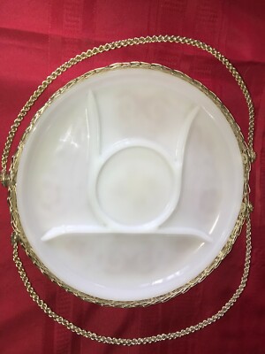 VTG Heirloom GLASBAKE 5-Part Divide Round 12'' Platter Dish Gold Tone Wire Basket